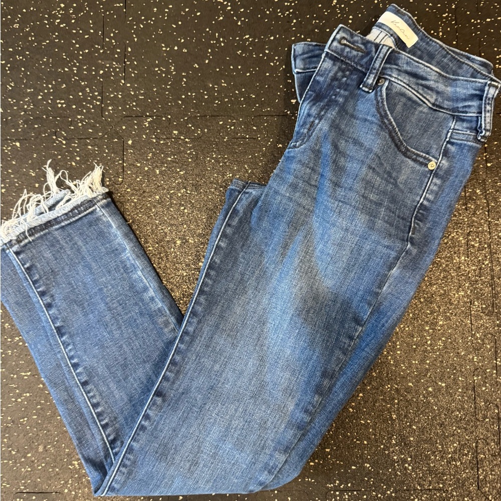 KanCan Blue Ankle Cropped Jeans with Distressed Details